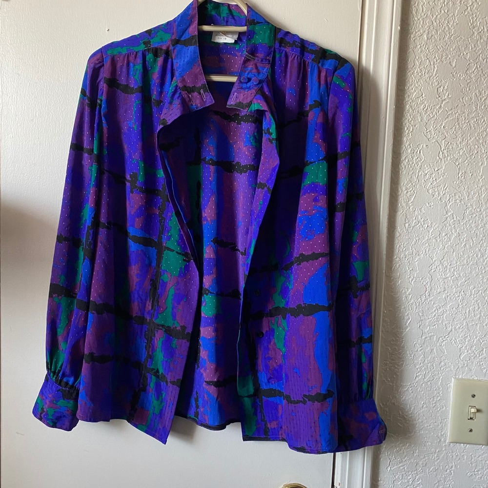 Vintage King James Abstract Watercolor Blouse Purple Blue Green K9937 Womens 10